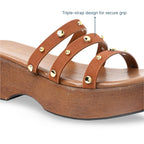 Gold Stud Strap Tan Wedge