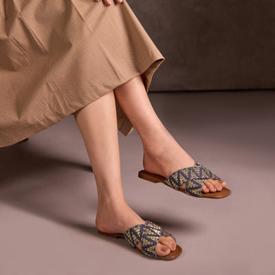 Blue And Gold Printed Flats