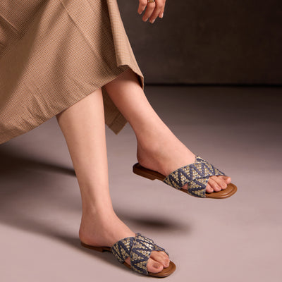 Blue And Gold Printed Flats