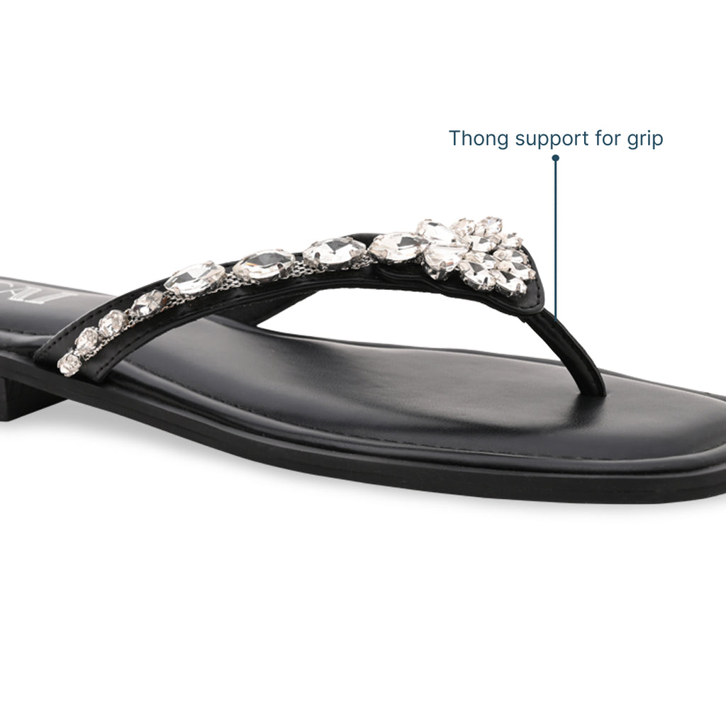 Black Embellished Thong Flat