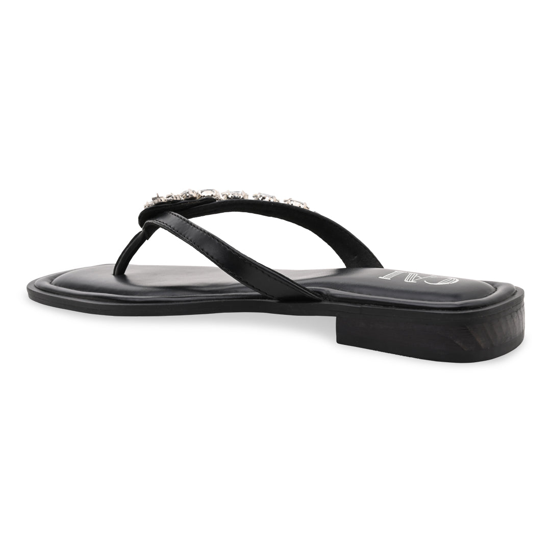 Black Embellished Thong Flat