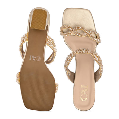 Beaded Eyelit Gold Heels