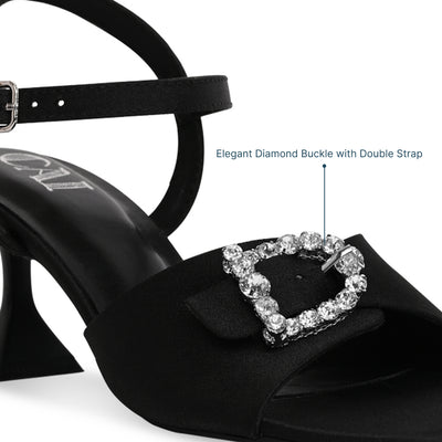 Diamond Buckle Black Satin Heels