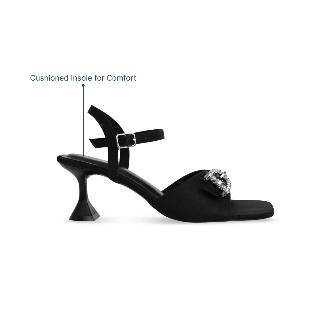 Diamond Buckle Black Satin Heels - Main Image