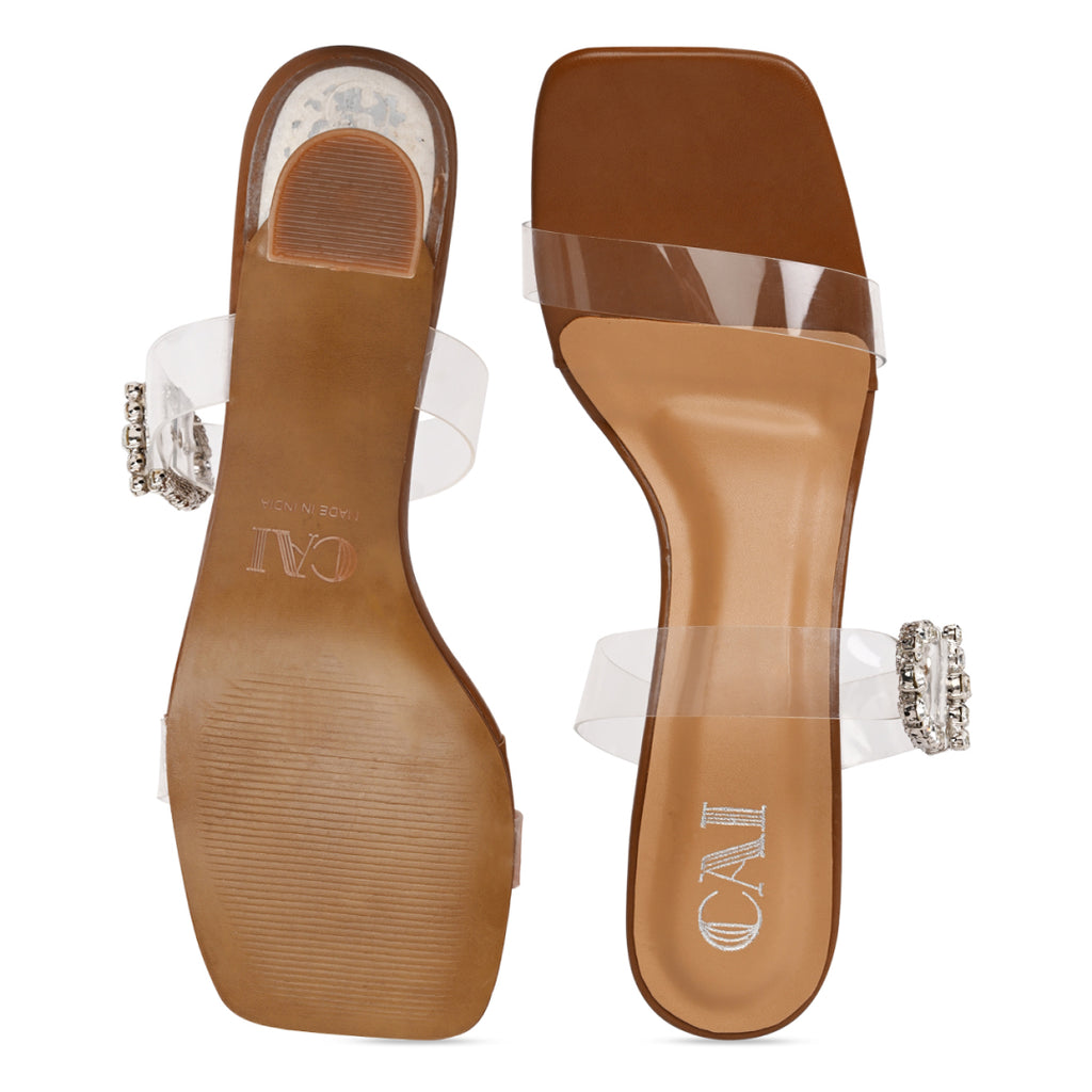 Diamond Buckle Clear Tan Heels