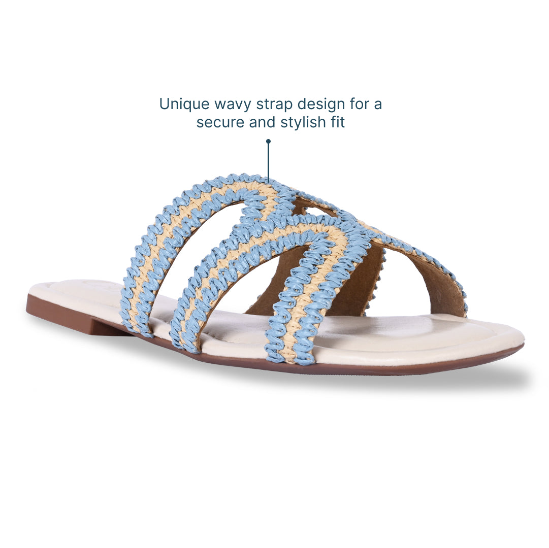 Wavy Beige and Blue Raffia Flat