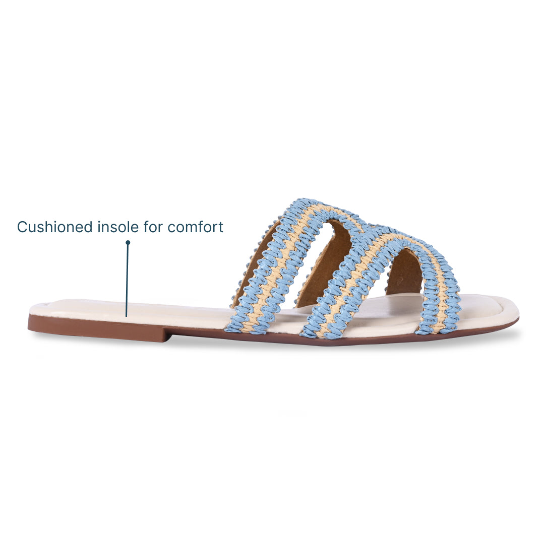 Wavy Beige and Blue Raffia Flat