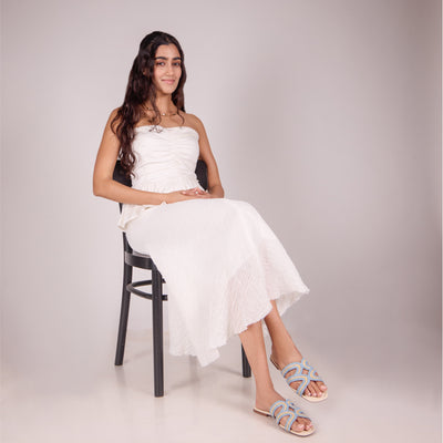 Wavy Beige and Blue Raffia Flat