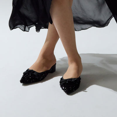 Black Sequence Bow Mules