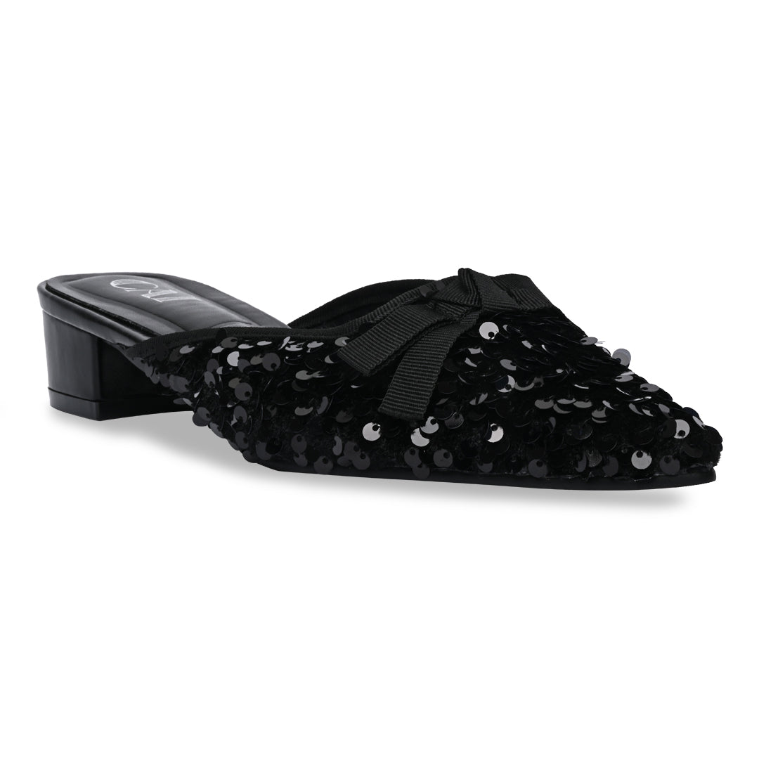 Black Sequence Bow Mules