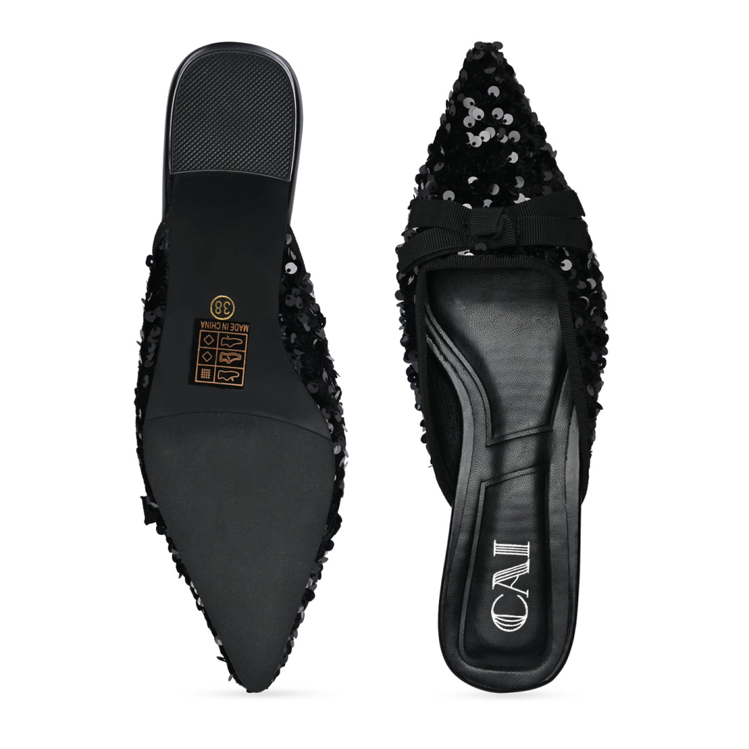 Black Sequence Bow Mules