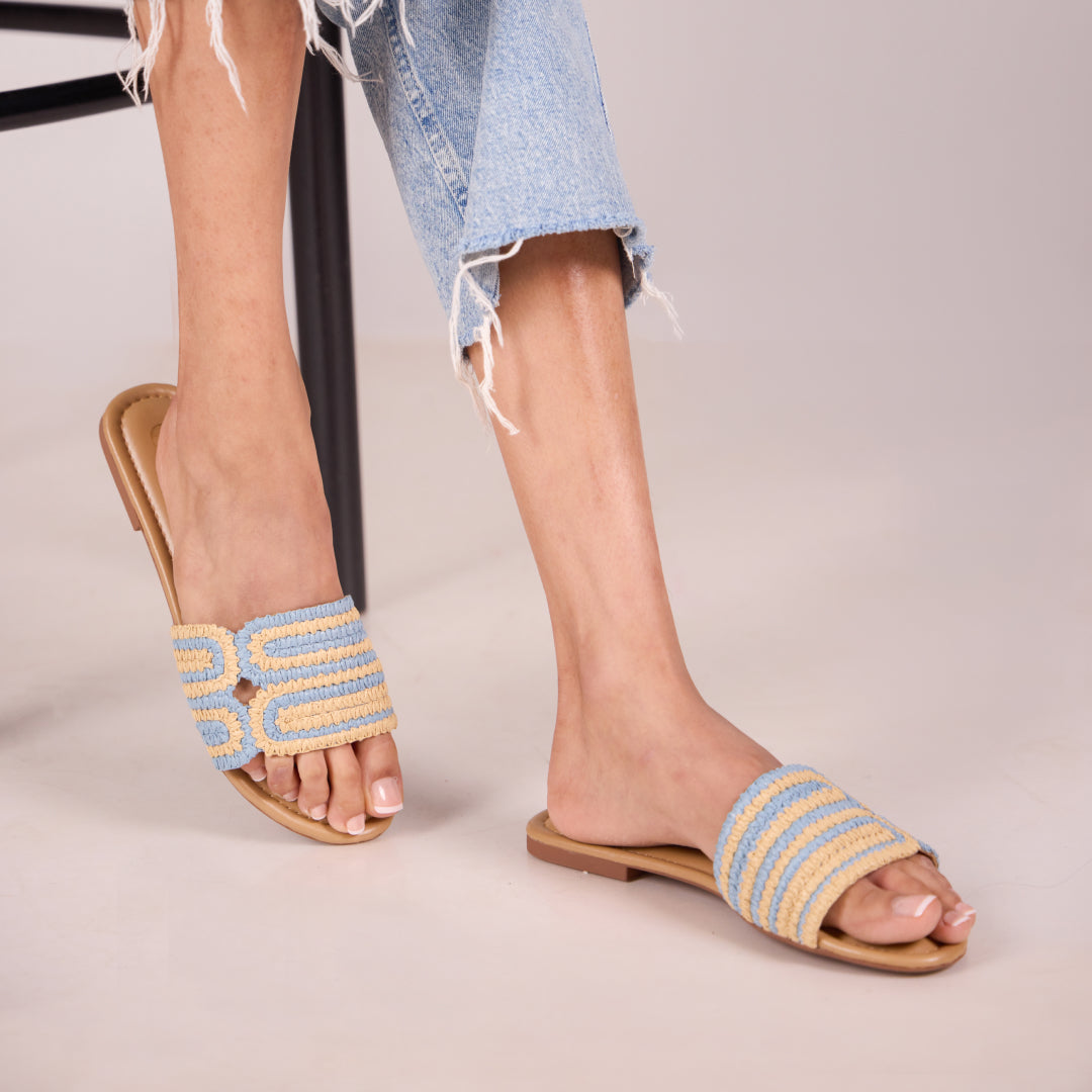 Blue and Beige Raffia Flat