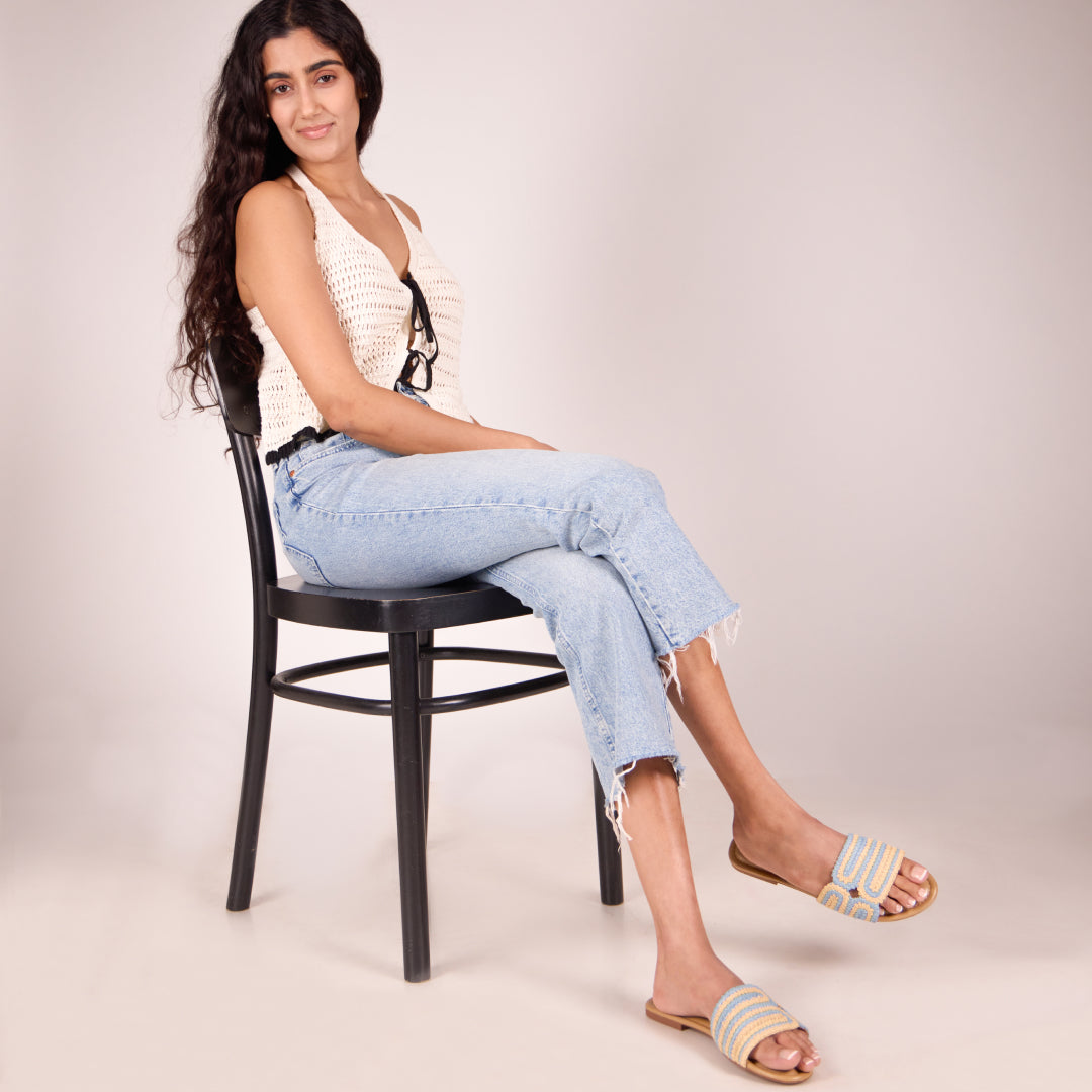 Blue and Beige Raffia Flat