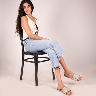 Blue and Beige Raffia Flat