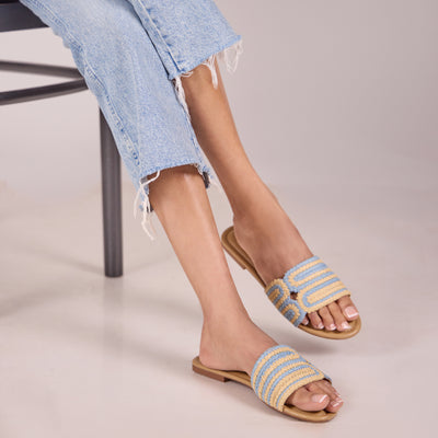 Blue and Beige Raffia Flat