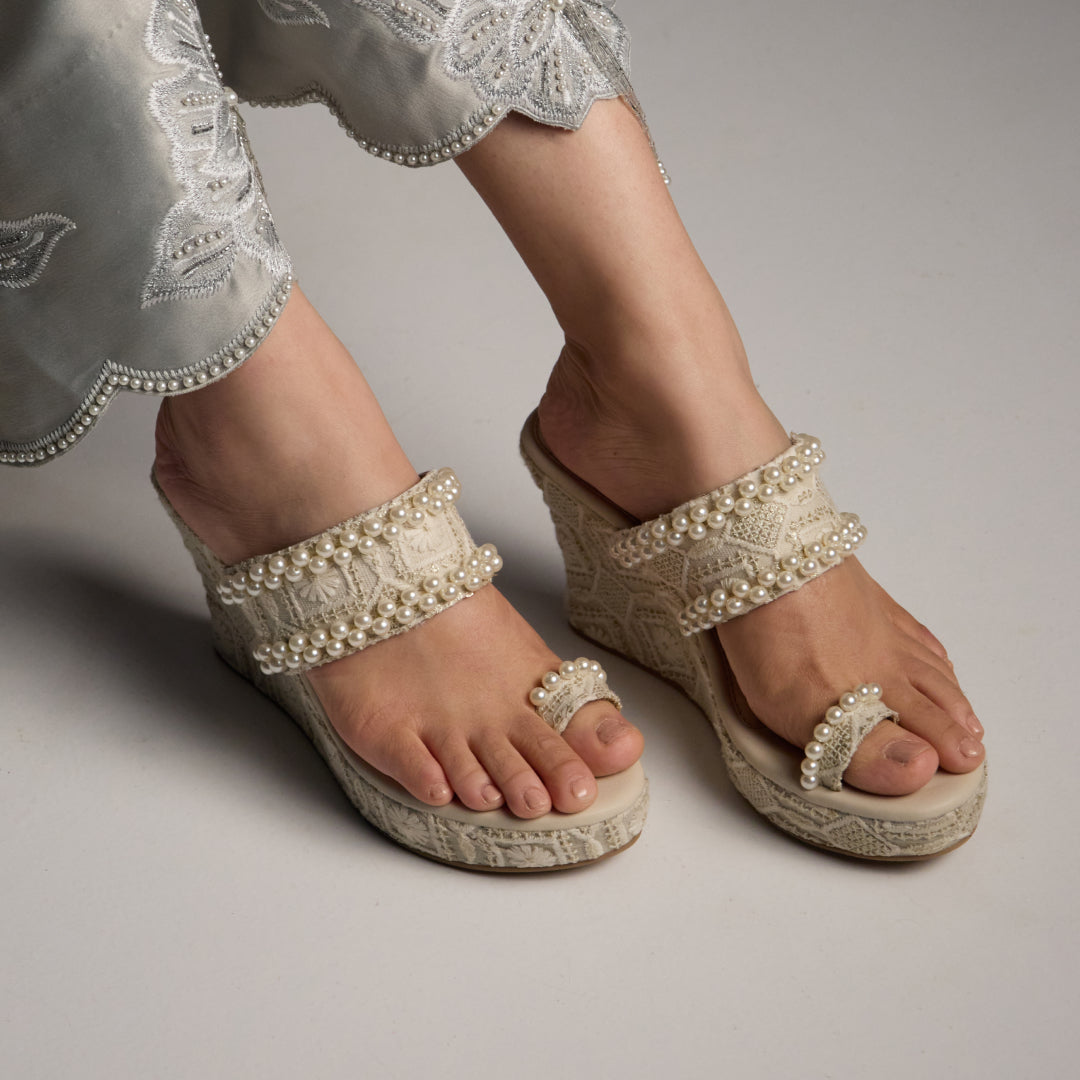 Pearl Toe Embroidered Wedge