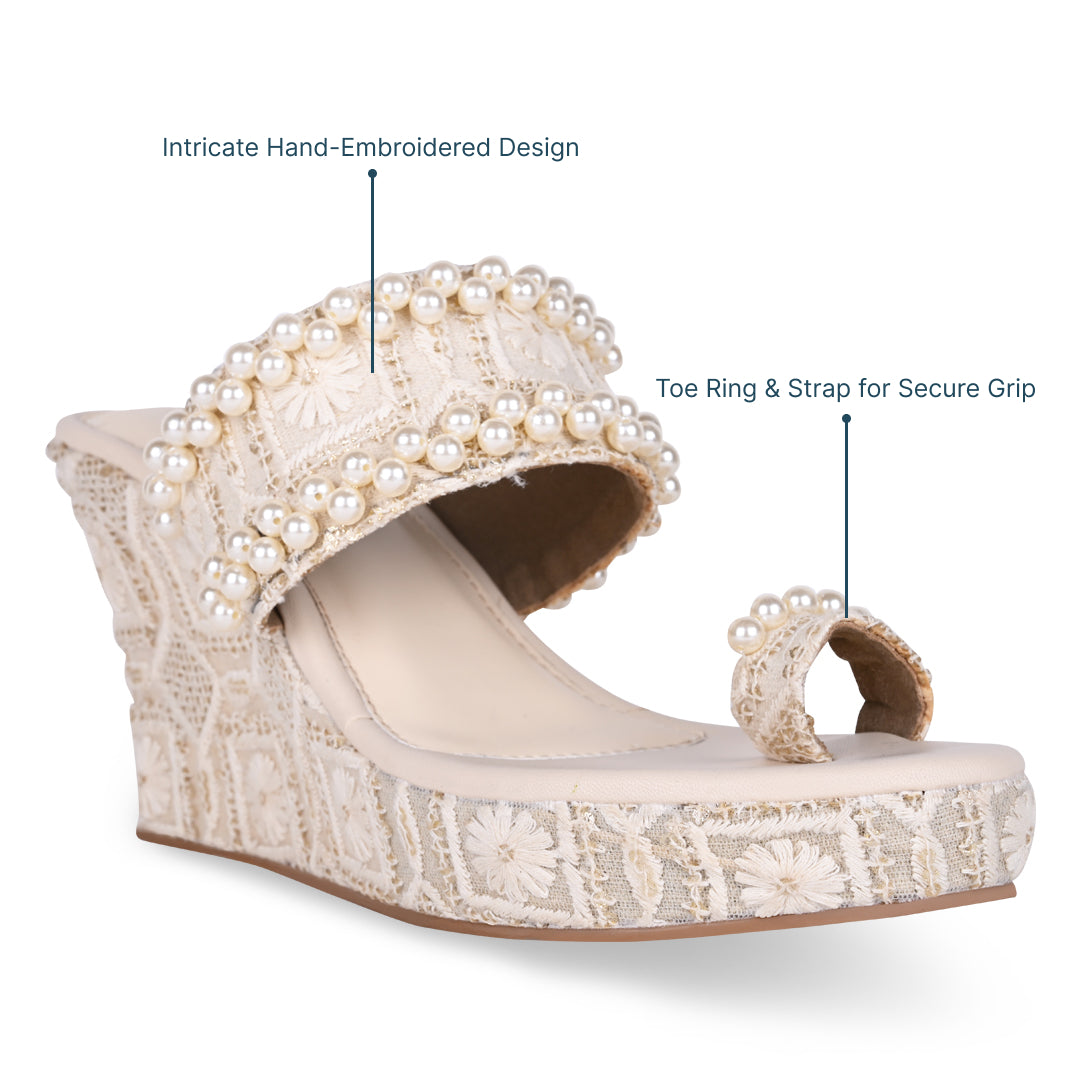 Pearl Toe Embroidered Wedge