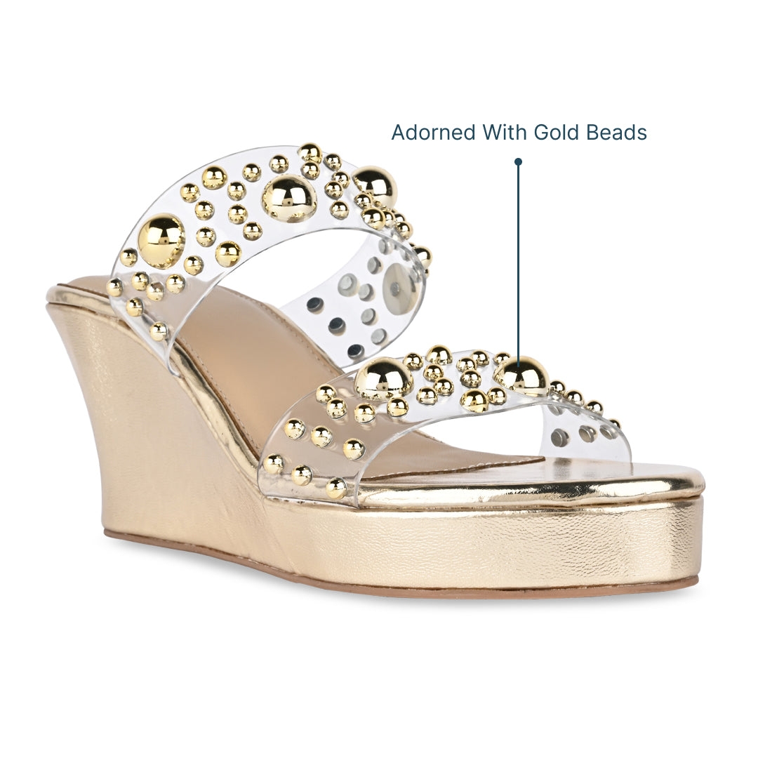 Gold Beaded Clear Strap Wedge