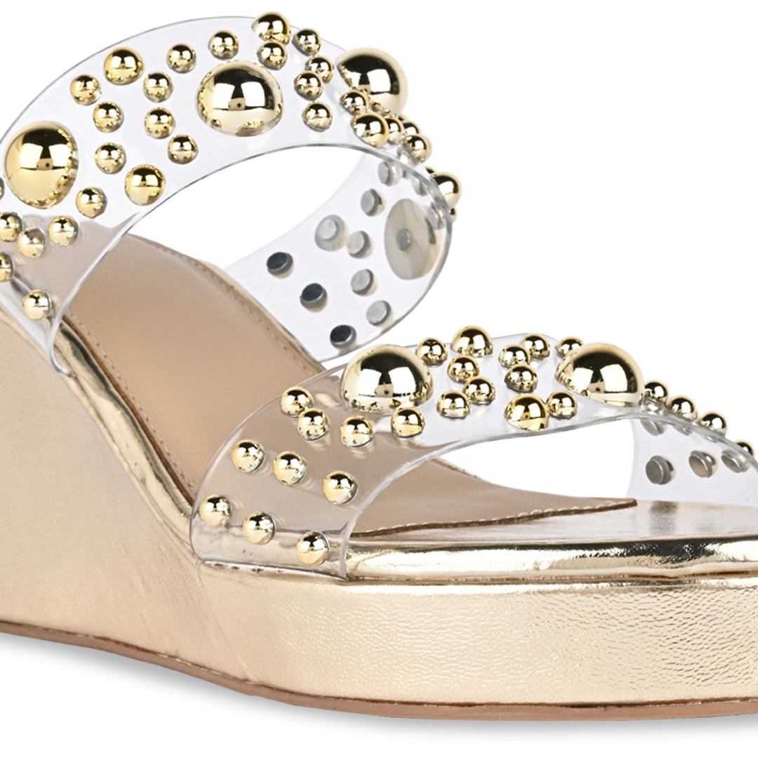 Gold Beaded Clear Strap Wedge