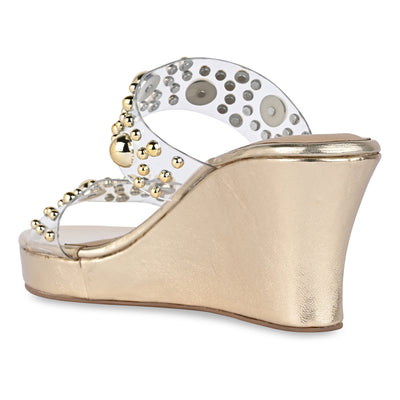 Gold Beaded Clear Strap Wedge