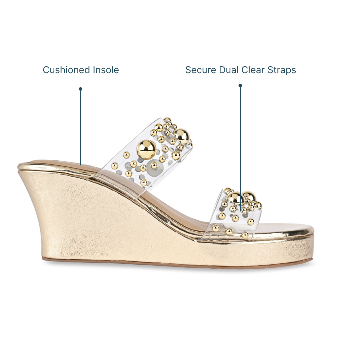 Gold Beaded Clear Strap Wedge