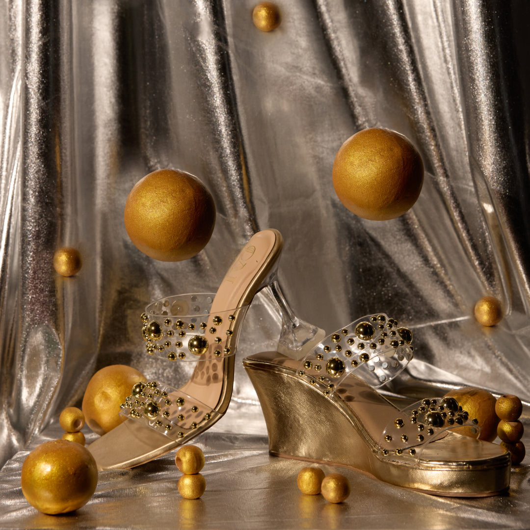 Gold Beaded Clear Strap Heels The CAI Store