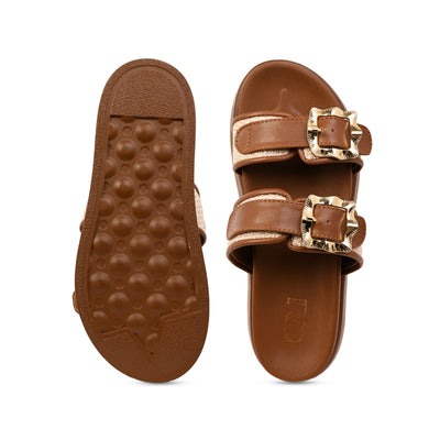 Gold Buckle Strap Tan Platform