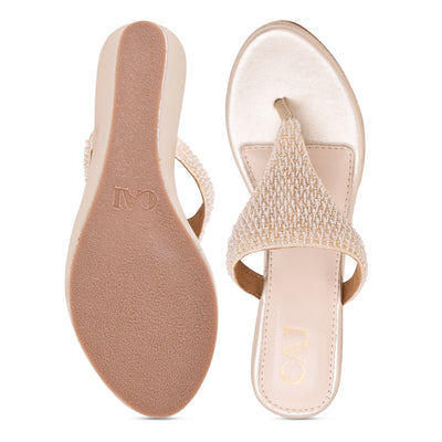Gold Beaded Thong Wedge
