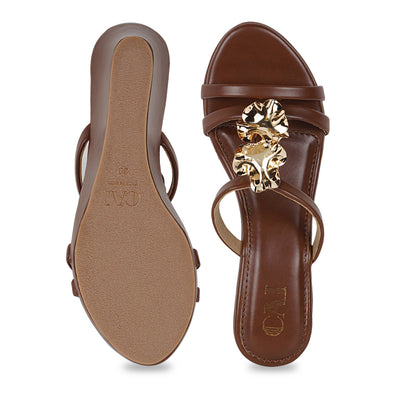 Gold Flower Tan Strap Wedge