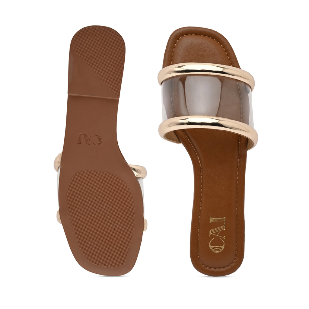 Gold Strap Clear Tan Flats