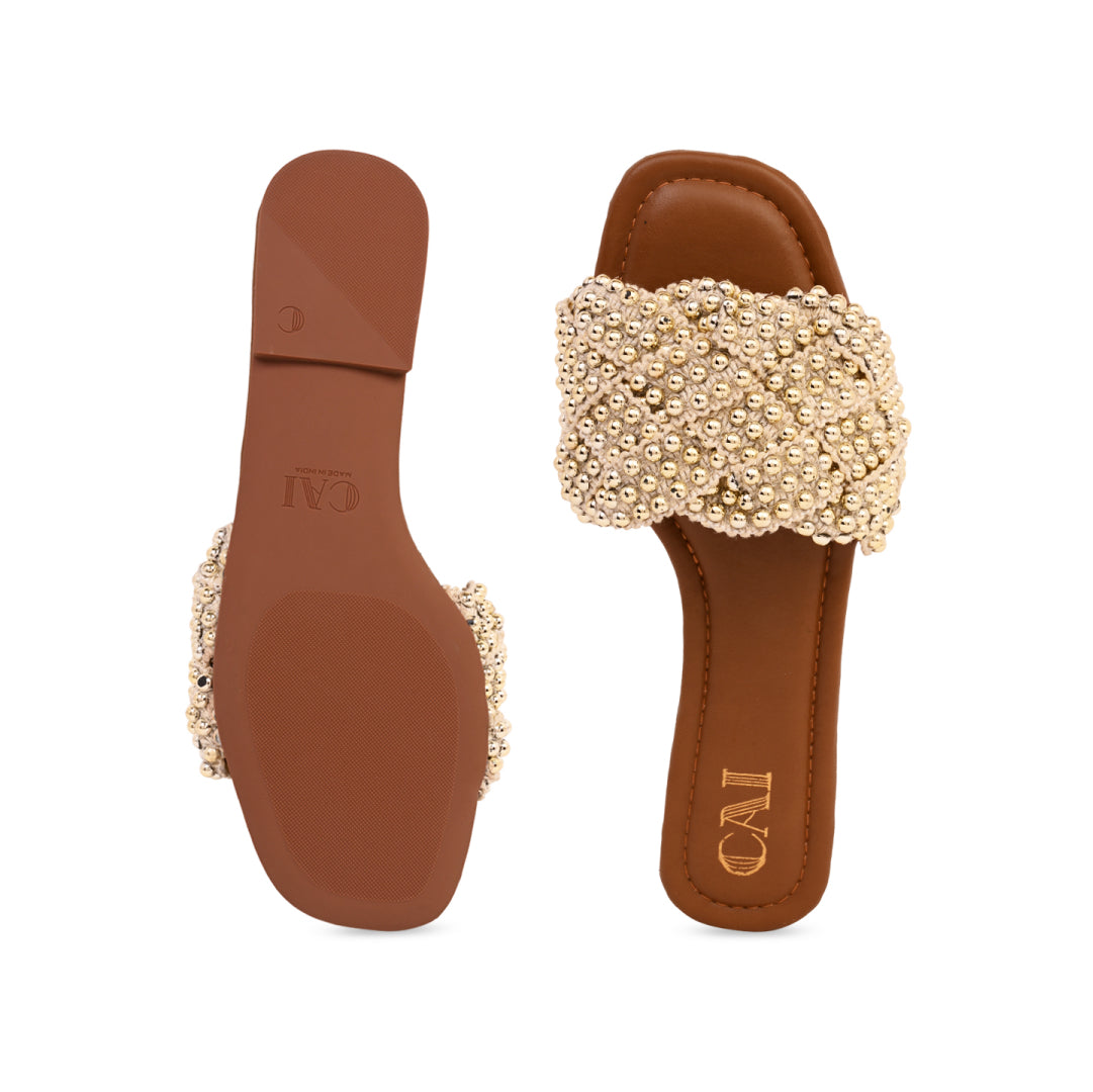 Gold Studded Lace Tan Flat