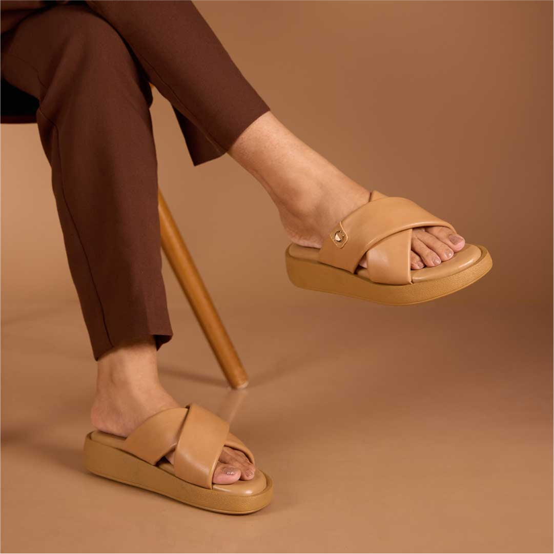 Beige Cushy Cross Strap Platform