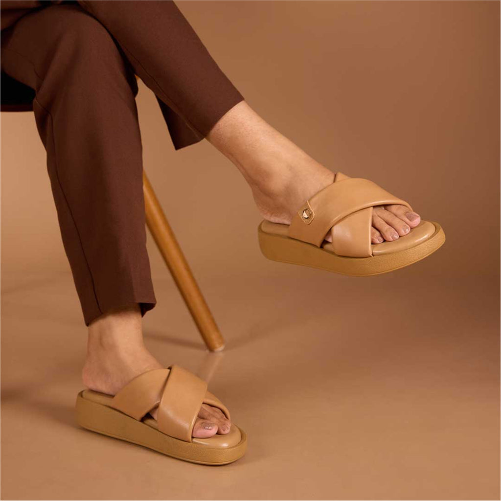 Beige Cushy Cross Strap Platform