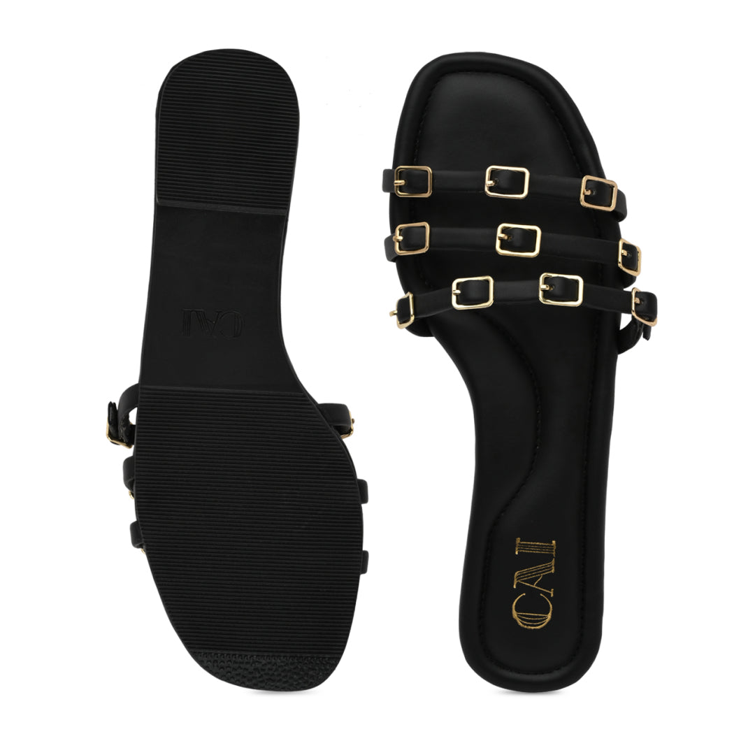 Multi Buckled Black Flats