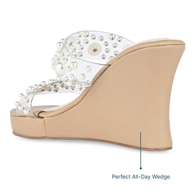 Pearl Beaded Clear Strap Wedge