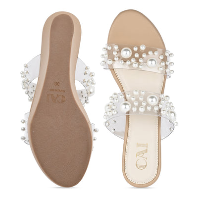 Pearl Beaded Clear Strap Wedge