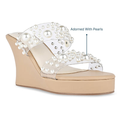 Pearl Beaded Clear Strap Wedge