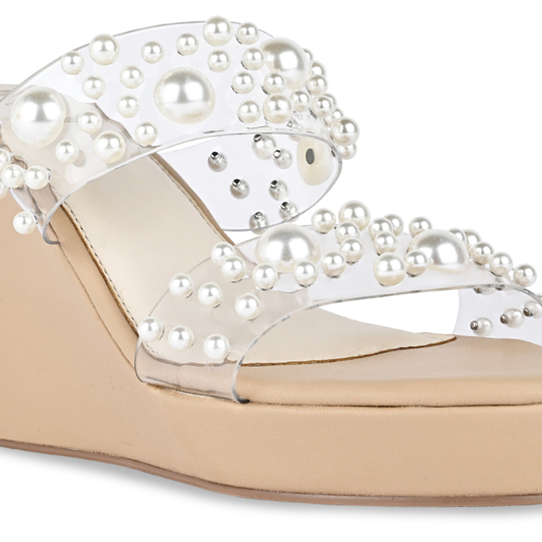 Pearl Beaded Clear Strap Wedge