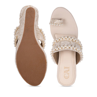 Pearl Toe Embroidered Wedge