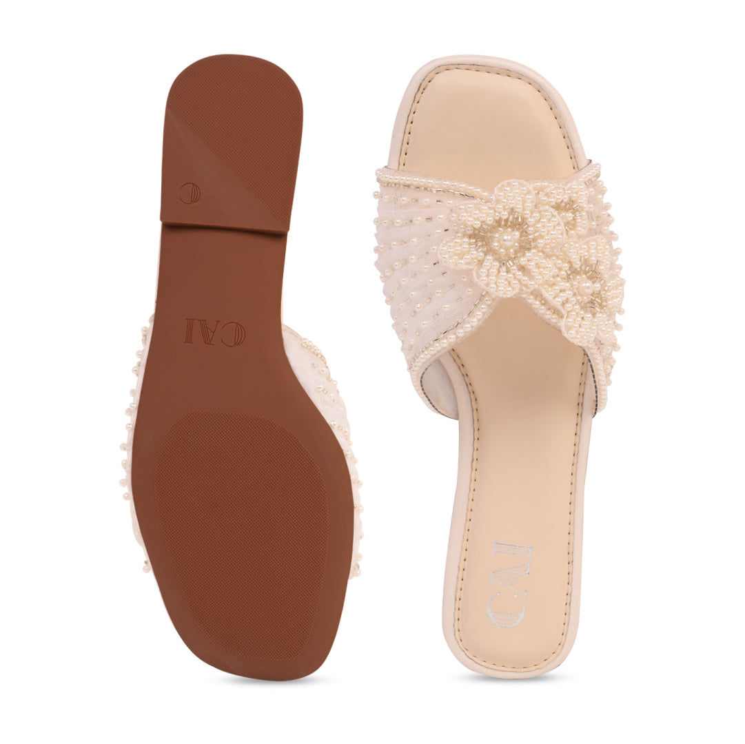 Pearly Floral Cream Flats