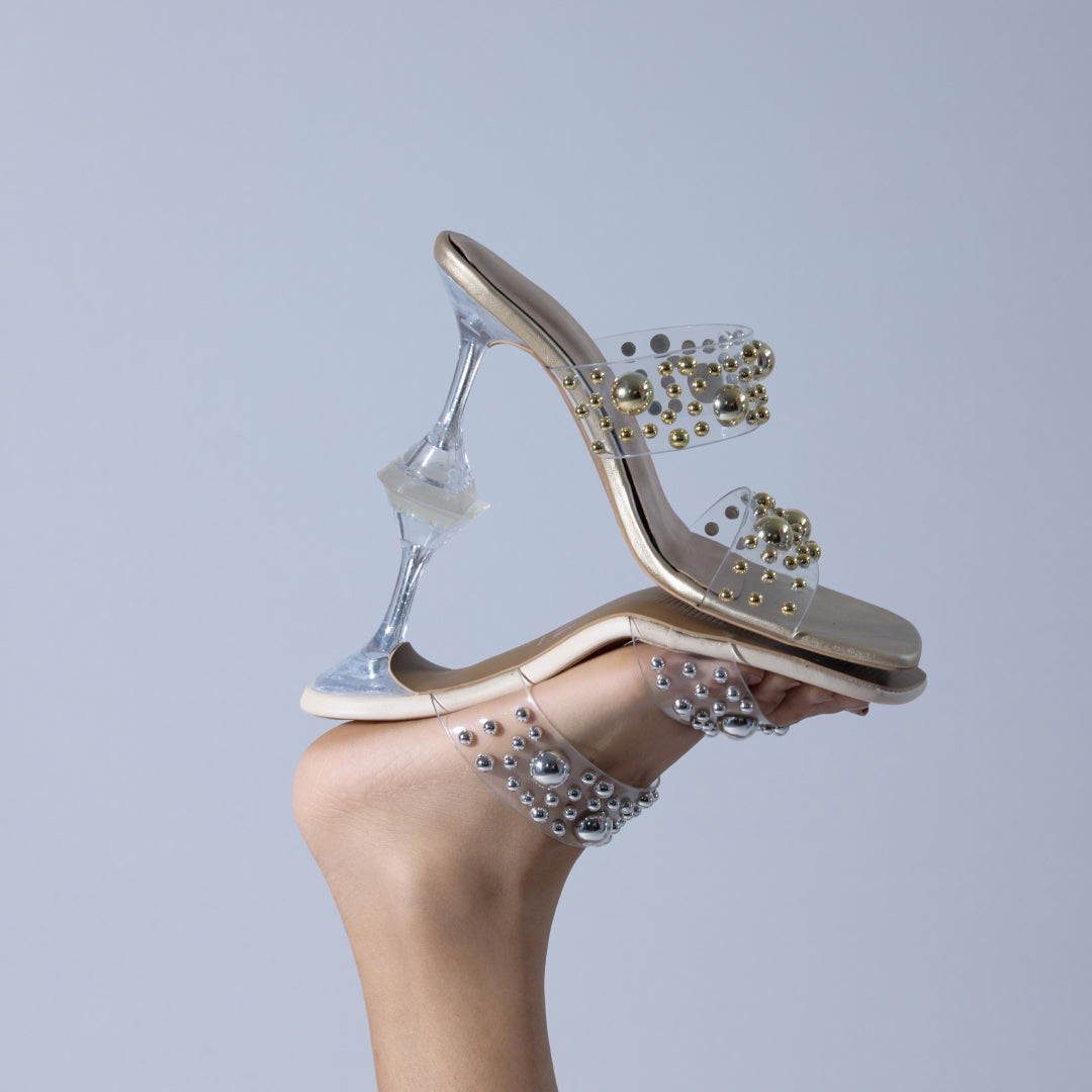 Silver Beaded Clear Strap Heels