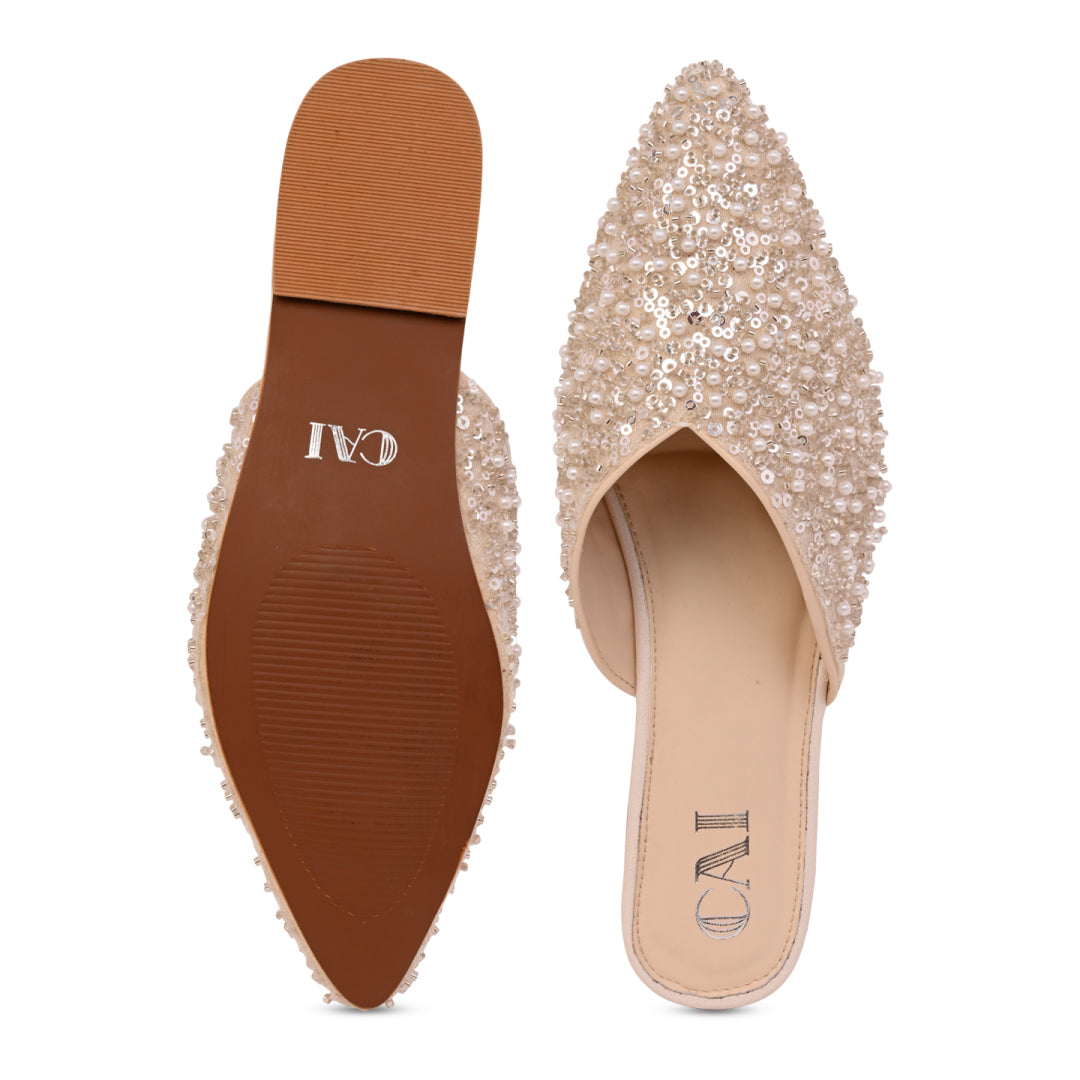 Silver White Beaded Mule Flat