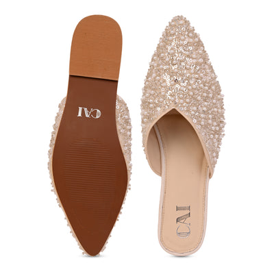 Silver White Beaded Mule Flat