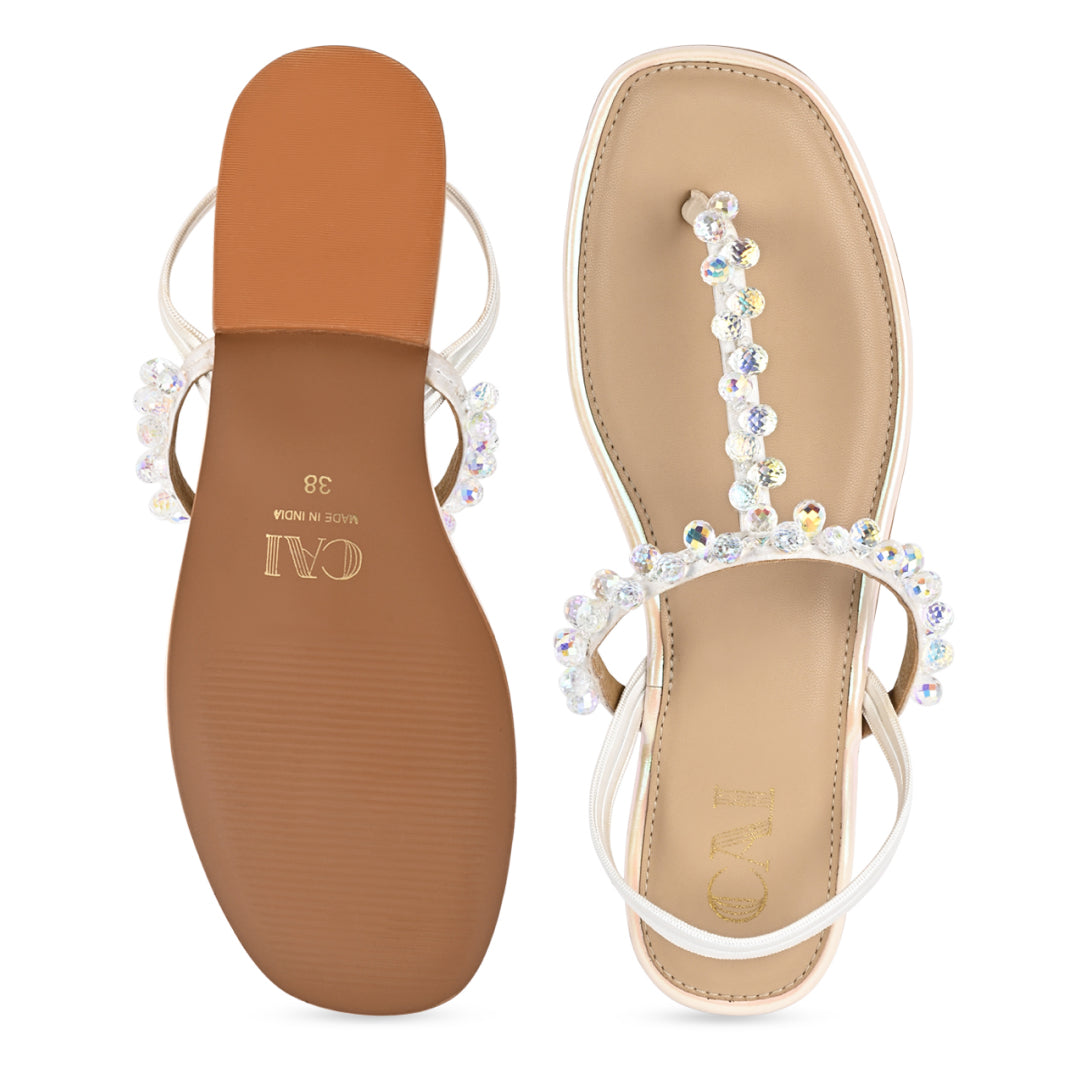 T-strap White Crystal Thong Flats