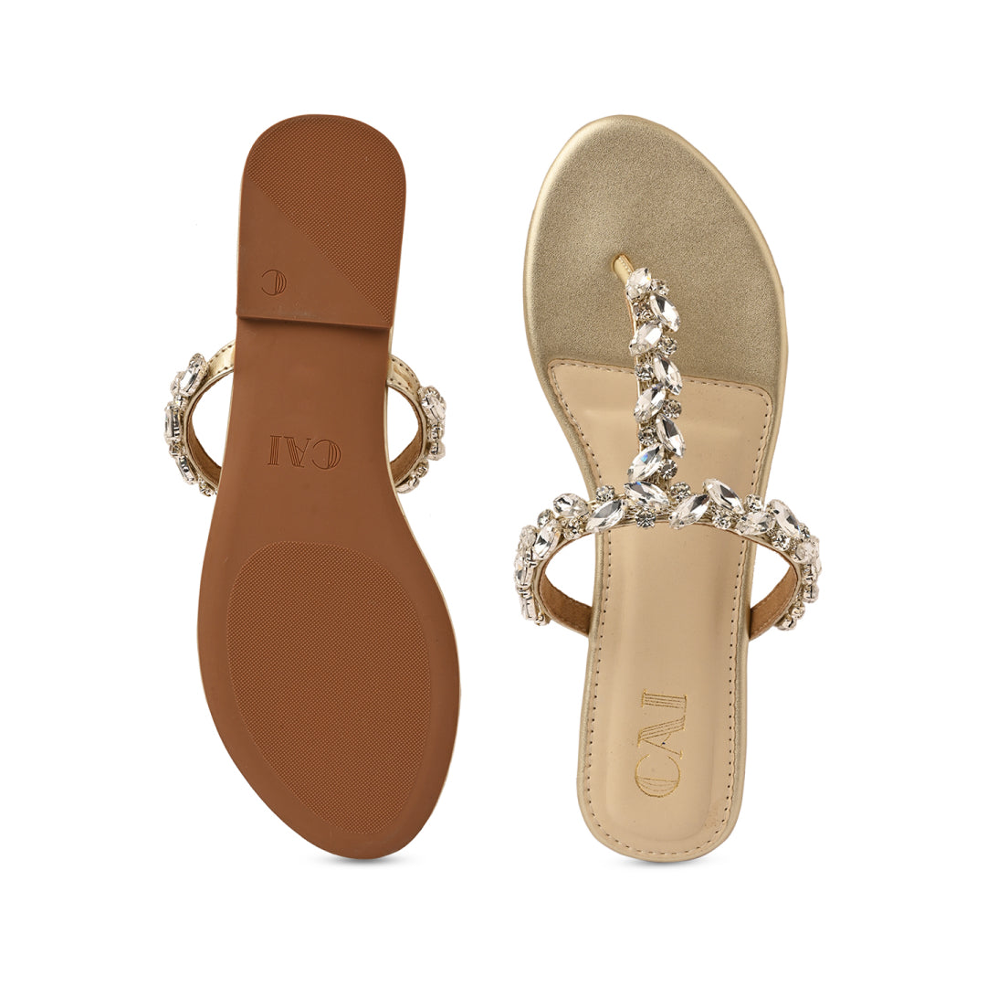 T-Strap Leaf Embellished Gold Flat