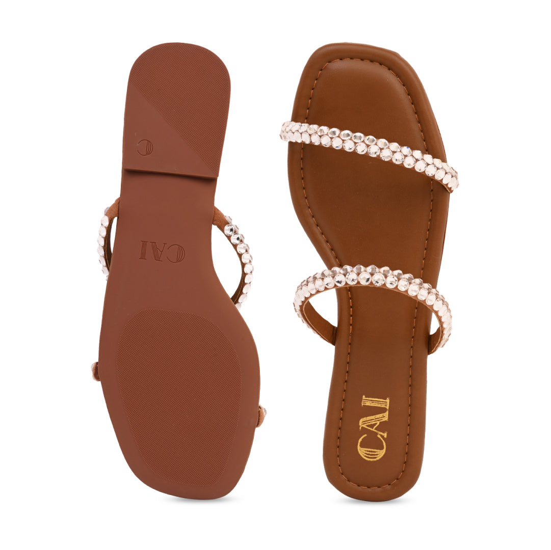 Thin Diamond Lace Two Strap Tan Flat