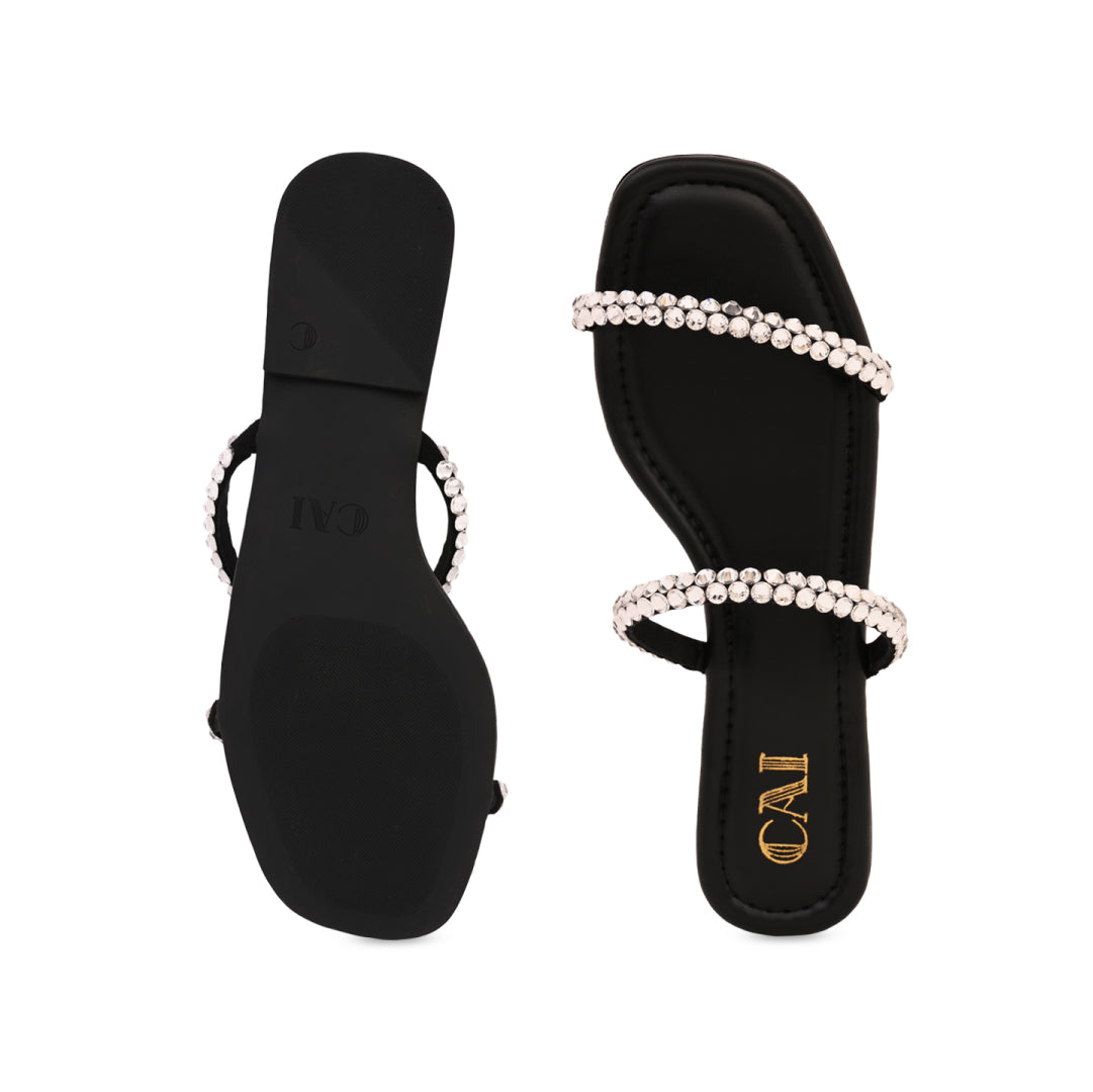 Thin Diamond Lace Two Strap Black Flat