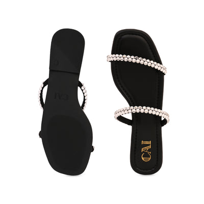 Thin Diamond Lace Two Strap Black Flat