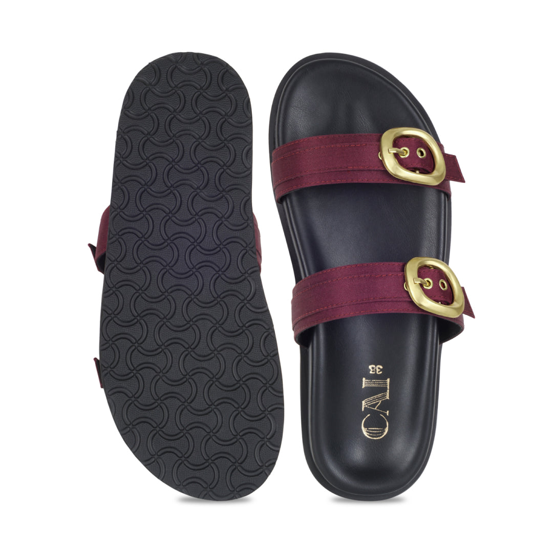Twin Buckle Maroon Slides