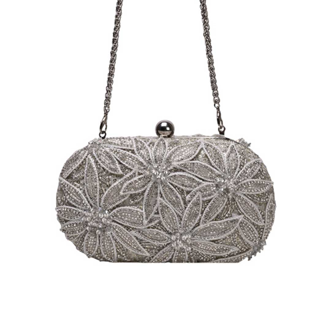 Silver Flower Clutch Bag